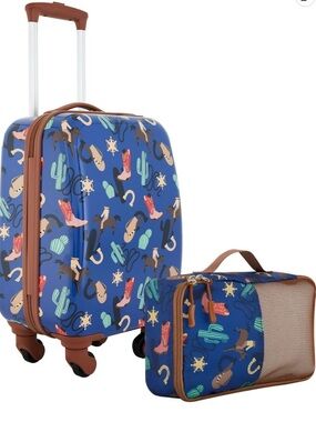 Wrangler Blue Western Print Hardside Rolling Suitcase with Travel Pouch